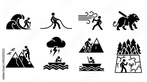 Adventure icons: bold silhouettes of outdoor sports and extreme activities