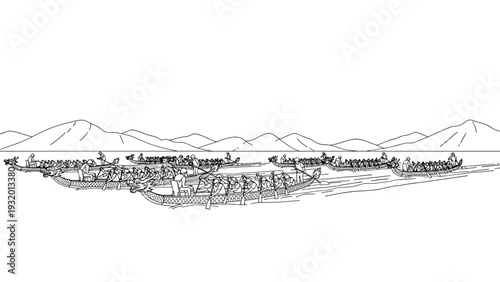 Ancient dragon boat race on serene lake with mountainous background in linear style