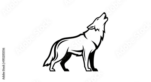A stylized black and white illustration of a howling wolf against a white background
