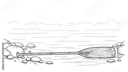 Black and white coastal landscape with driftwood and rocks in detailed sketch style