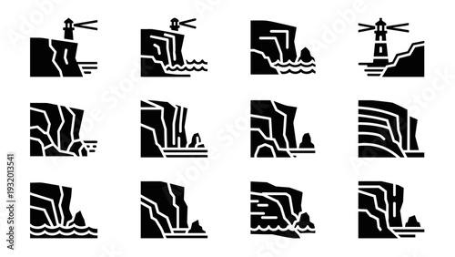 Set of silhouette coastal lighthouse and cliff icons for nautical design