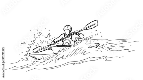 Dynamic kayaker navigating rapids in engaging black and white drawing