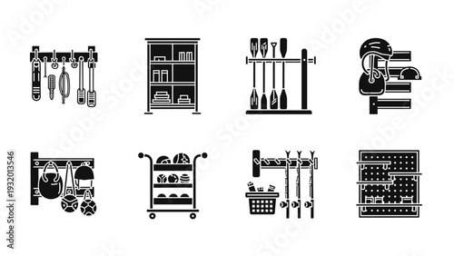 Black and white sports equipment icons for home organization and storage solutions