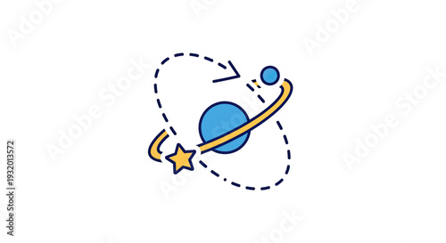 Vector illustration depicting orbiting celestial bodies and a star, with dotted lines