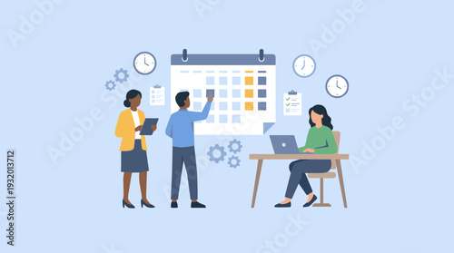 Business team planning schedule and agenda on large calendar. Office employees managing time, tasks, and deadlines with laptop and tablet. Productivity and project management vector concept.