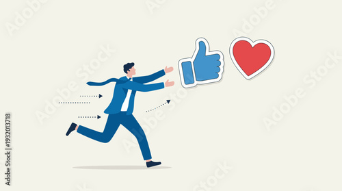 Businessman in Blue Suit Running and Chasing Social Media Thumbs Up Like and Red Heart Icons, Concept of Digital Marketing Engagement, Online Popularity, and Social Media Validation, Flat Vector