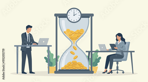 Businessman and businesswoman working on laptops near a large hourglass filled with gold coins and a clock. Time is money concept, financial management, productivity, and business efficiency.