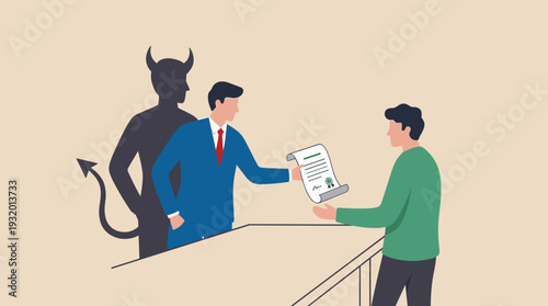 Businessman in a blue suit handing a contract to a customer while his shadow reveals a devil with horns and a tail, symbolizing a dishonest deal, hidden agenda, fraud, or a deal with the devil.