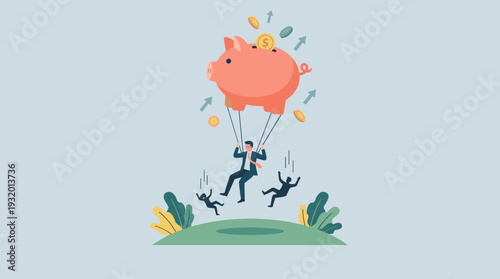 Businessman Using a Piggy Bank as a Parachute for a Soft Landing While Others Fall, Representing Financial Security, Savings, Economic Stability, Investment Protection, and Wealth Management Concept