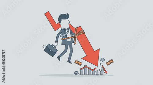 Businessman tied to a large red downward arrow crashing into a bar chart, symbolizing financial failure, economic crisis, market crash, business debt, recession, and bankruptcy in vector style.