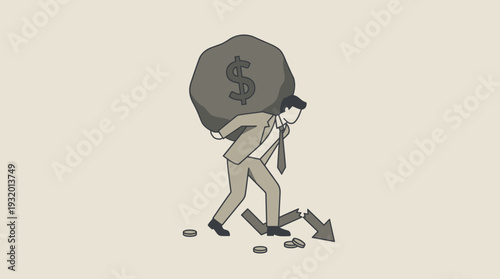 Businessman Struggling Under Heavy Debt Burden Represented by a Large Rock with Dollar Sign, Economic Crisis and Financial Loss Concept with Broken Downward Arrow, Flat Vector Illustration.