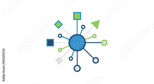 An abstract graphical representation. A central circle connecting to shapes and dots via lines