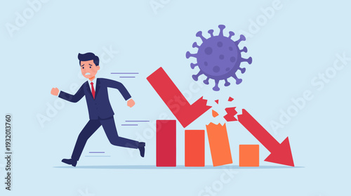 Businessman in Panic Running Away from Collapsing Financial Bar Graph and Falling Red Arrow Caused by COVID-19 Pathogen Virus, Concept of Global Economic Crisis, Recession, and Stock Market Crash