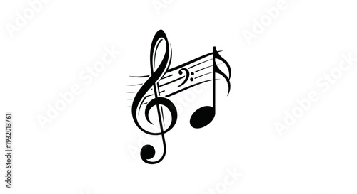 A stylized musical composition, features treble and bass clefs with accompanying notes