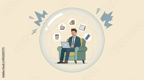 Businessman in suit working on laptop in a cozy armchair inside a protective bubble, representing the comfort zone concept with icons for coffee, money, rest, and leisure at home office.