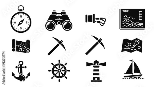 Nautical icons set: compass, binoculars, map, anchor, ship, lighthouse