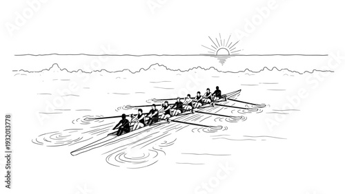 Rowing team at sunrise: silhouette of athletes on water with sunrise in background