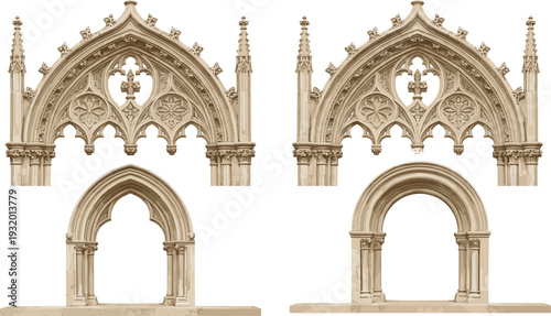 Black and white stylized silhouette illustration set of Gothic pointed arches with tracery and Romanesque rounded arches, perfect for architectural, historical, and design purposes