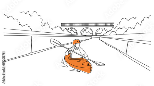Kayaker paddling under bridge in minimalist orange and white line art style