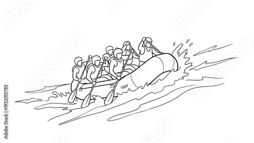 Linear art of team adventure rafting down rapid waters