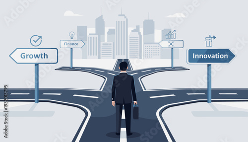 Businessman at a crossroads with directional signs for Growth, Finance, and Innovation, representing strategic decision making, career path choice, and corporate vision in a modern city skyline.