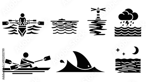 Ocean adventure icons: boating, waves, lighthouse, rainstorm, shark fin, night scene