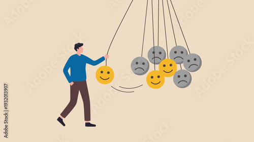 Optimistic Man Spreading Happiness and Positive Thinking to Others, Emotional Intelligence Concept with Pendulum of Smiley Faces Turning Sadness into Joy, Mental Health and Inspiration Graphic