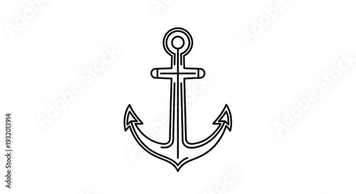 A monochrome line drawing of an anchor on a white background. It's a nautical symbol