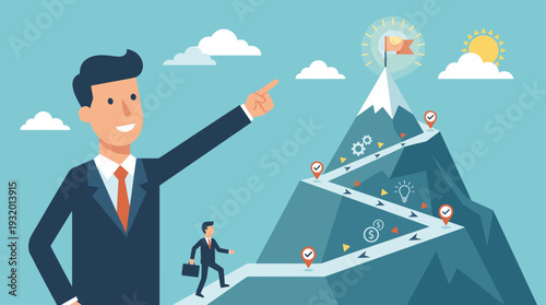 Businessman Pointing Towards Success Goal on Mountain Peak with Winding Path, Career Growth, Leadership Vision, Achievement, Business Strategy, Progress, Motivation, Corporate Success Concept.