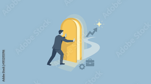 Businessman pushing open a golden book door to reveal a winding path leading to a growth arrow and star, symbolizing career development, business success, new opportunities, and achievement.