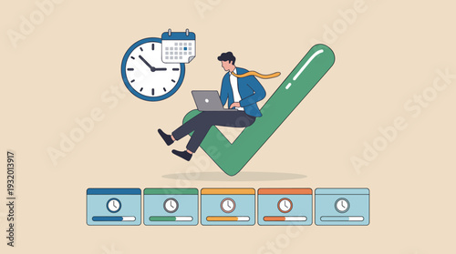 Effective Project Task Management and Time Planning Concept, Business Tasks Scheduling for Weekly Productivity, Businessman Working on Laptop Sitting on Large Green Checkmark Symbol Icon.