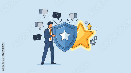 Businessman holding a shield to protect a gold star from negative feedback and thumbs down icons. Concept of brand reputation management, online trust, and managing customer reviews effectively.