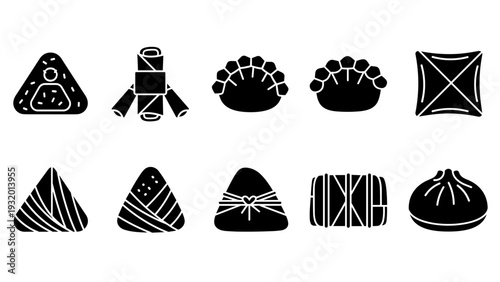 Silhouette icons of asian cuisine: dumplings, sushi, and rice balls