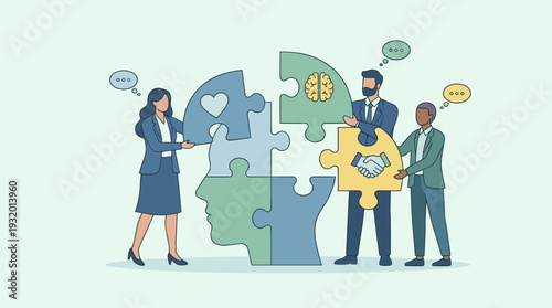 Support Mental Health and Medical Treatment Concept with Psychologist and Diverse People Connecting Jigsaw Puzzle Pieces into a Human Head Profile with Brain, Heart, and Handshake Icons for Wellness