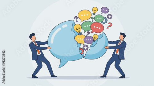 Two businessmen pulling apart a large speech bubble to reveal a burst of creative ideas, lightbulbs, gears, and colorful chat icons representing brainstorming, innovation, and communication.