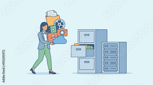 Woman Carrying Digital Media Icons and Documents to Filing Cabinet and Server Rack, Concept of Efficient File Management, Data Organization, Cloud Storage, and Electronic Archiving Vector Art