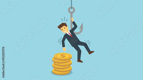 Businessman Caught on a Large Fishing Hook Above a Stack of Gold Coins, Representing Financial Bait, Investment Scams, Debt Traps, and the Risks of Greed in the Corporate World Vector Illustration