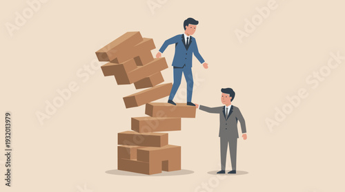 Businessman standing on a collapsing wooden block tower being supported by a partner. Concept of business help, crisis intervention, teamwork, and risk management in a professional environment.