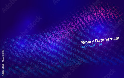 Abstract visualization of binary data flow with glowing light lines. Suitable for AI, machine learning, and modern data management system design