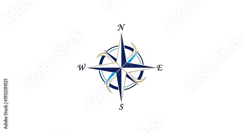 A stylized compass rose on white.  Blue, beige, and teal with directions labeled