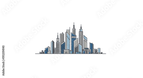 A minimalistic city skyline of blue and gray geometric buildings