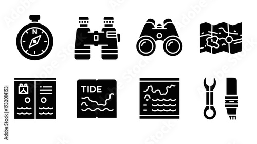 Navigation and exploration icons in silhouette style for travel and adventure designs