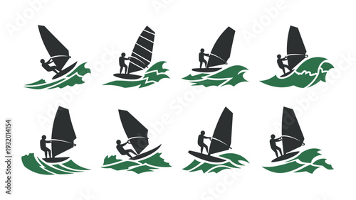Silhouette windsurfing set with eight dynamic poses on stylized waves