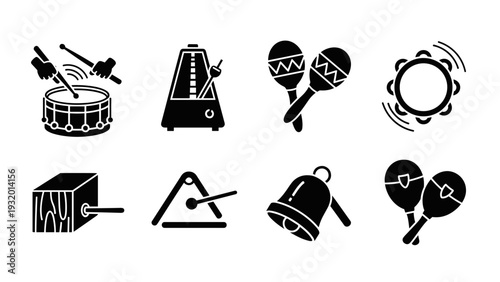 Musical instruments icons set: drums, maracas, and more in bold silhouette style