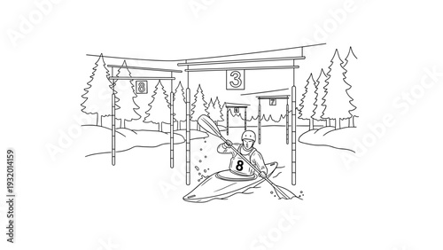 Kayaking adventure: linear art of athlete navigating through slalom course