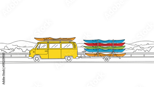 Vintage van with kayaks on roof and trailer on scenic road trip adventure