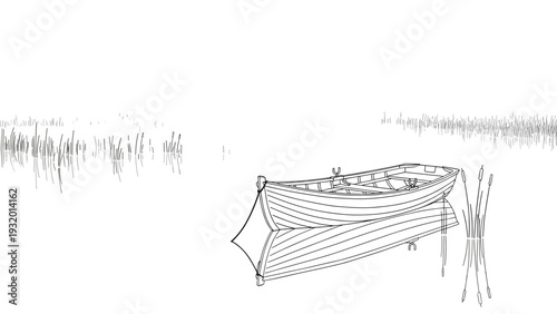 Tranquil lakeside scene with canoe reflection in misty landscape