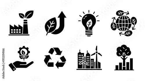 Eco-friendly icons set featuring renewable energy and sustainability concepts
