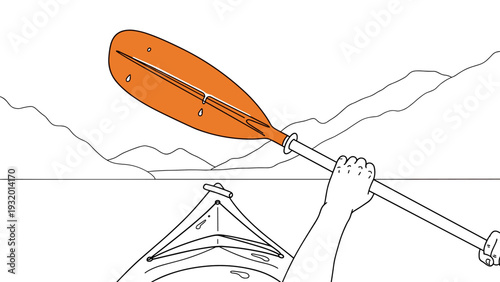 Outline of kayaking adventure with mountain views and orange paddle