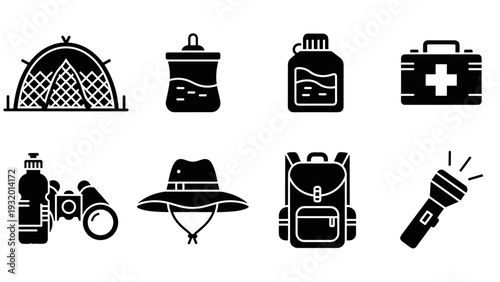 Essential camping gear icons in silhouette style for outdoor adventures